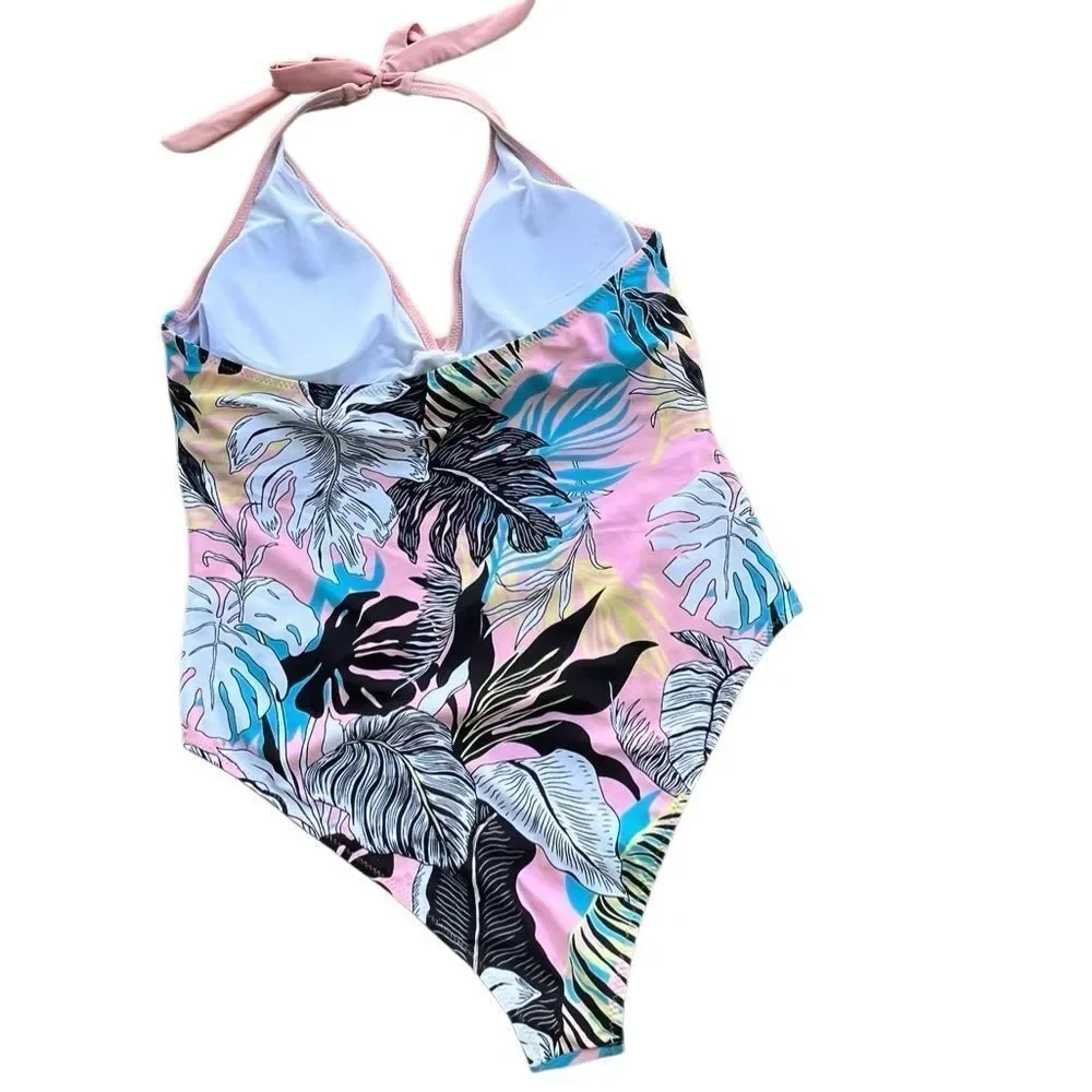 Women’s Tropical Print Halter One-Piece Swimsuit – XXL